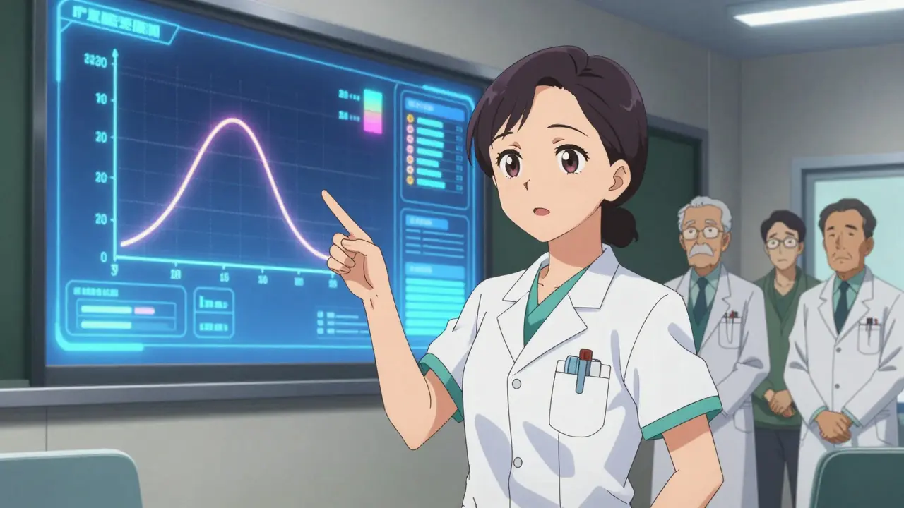 A young doctor teaches absorption curves to skeptical older colleagues in a classroom.