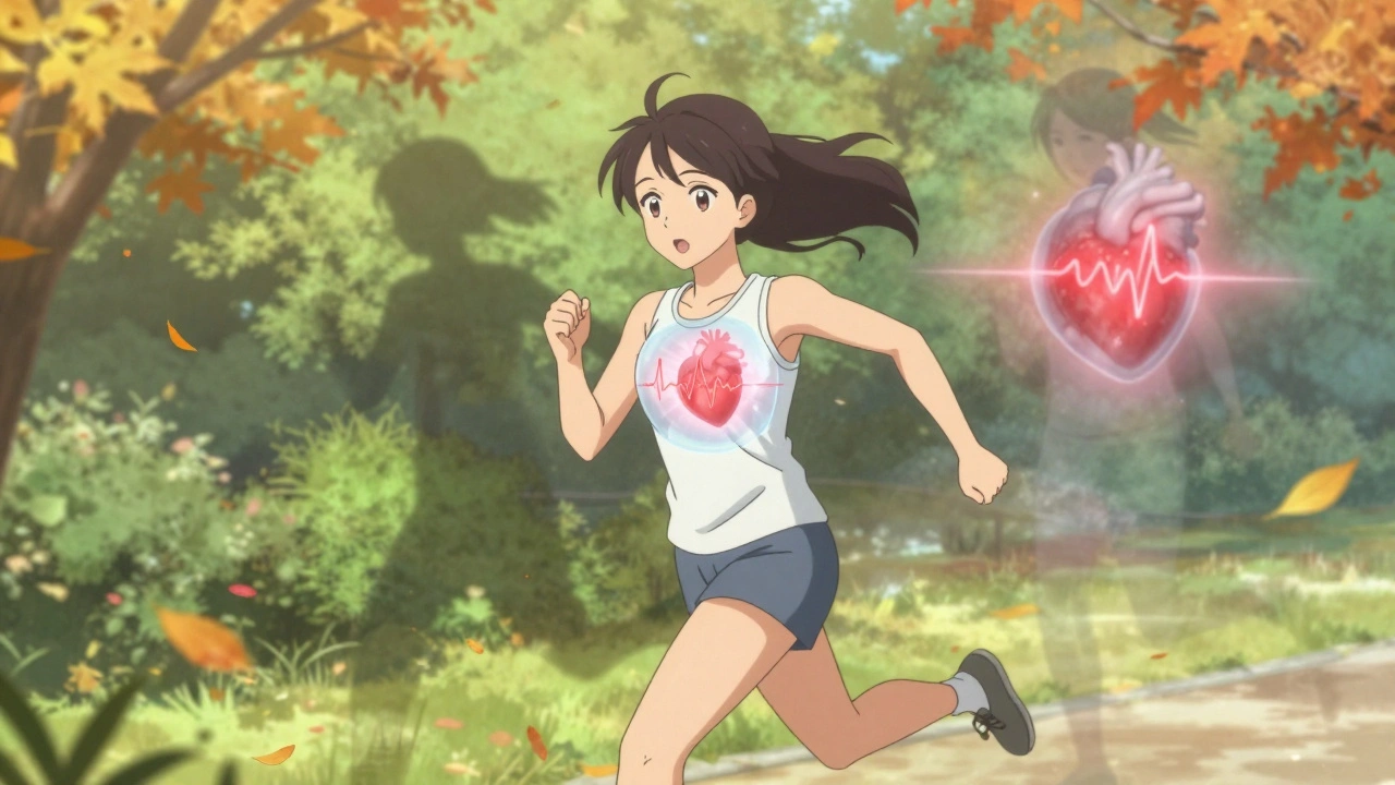 A young woman running in a park, her heart beating normally as old AFib shadows fade behind her.