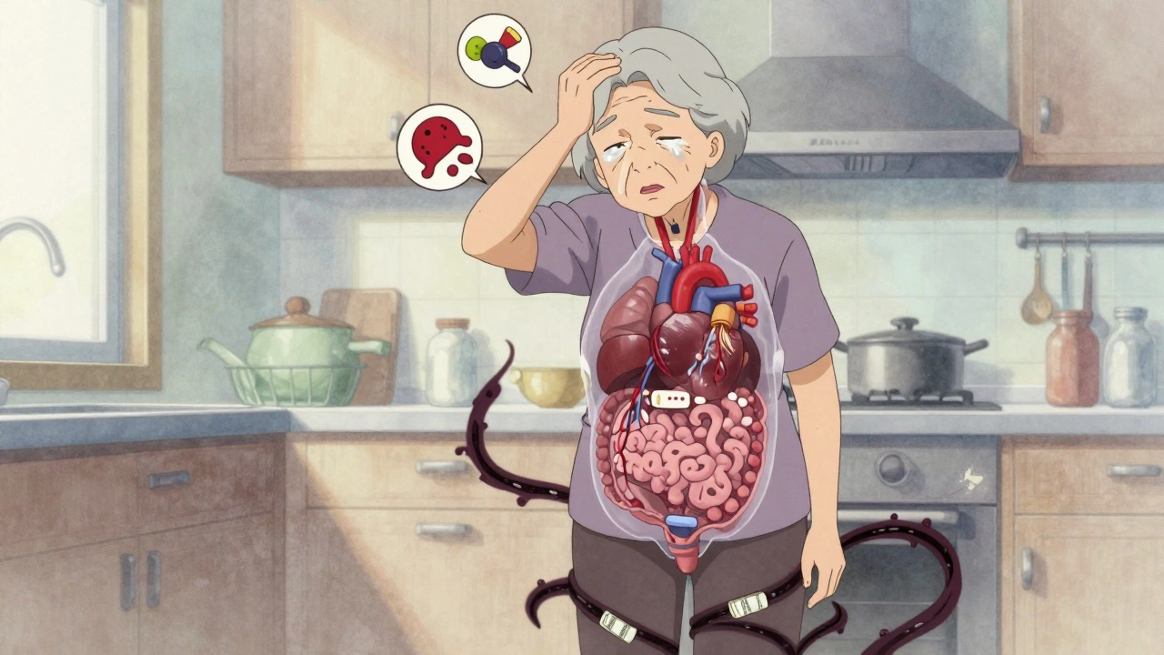 An elderly woman feeling dizzy with medical icons floating around her in a kitchen.