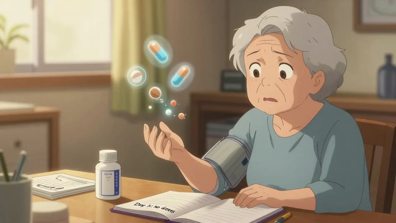 An elderly woman stares at a new generic pill, with a fading image of her old pill floating beside it.