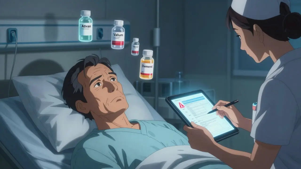 An older man in a hospital bed has floating drug bottles above him while a nurse scans his chart with a warning alert.