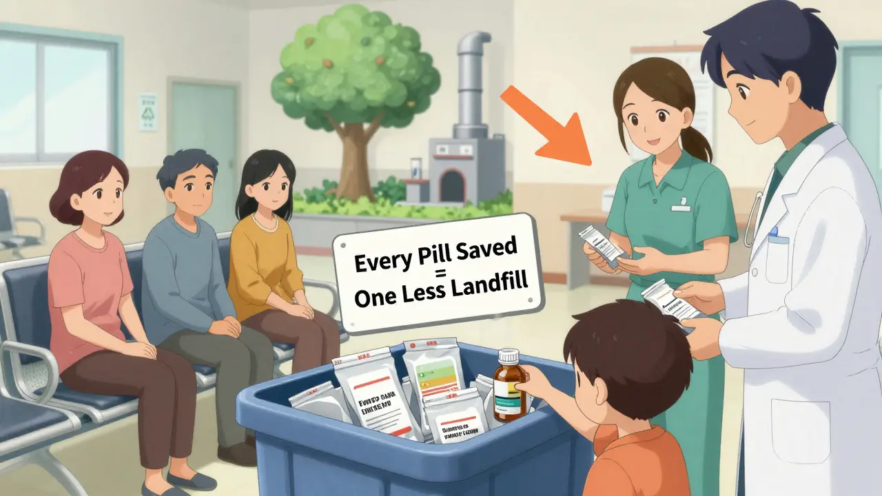 Community medication take-back bin in clinic waiting room, patients donating unused pills peacefully.