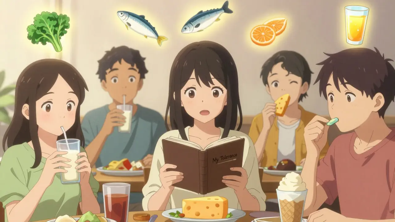 Diverse people enjoying lactose-friendly foods with floating nutritional facts and a journal labeled 'My Tolerance'.