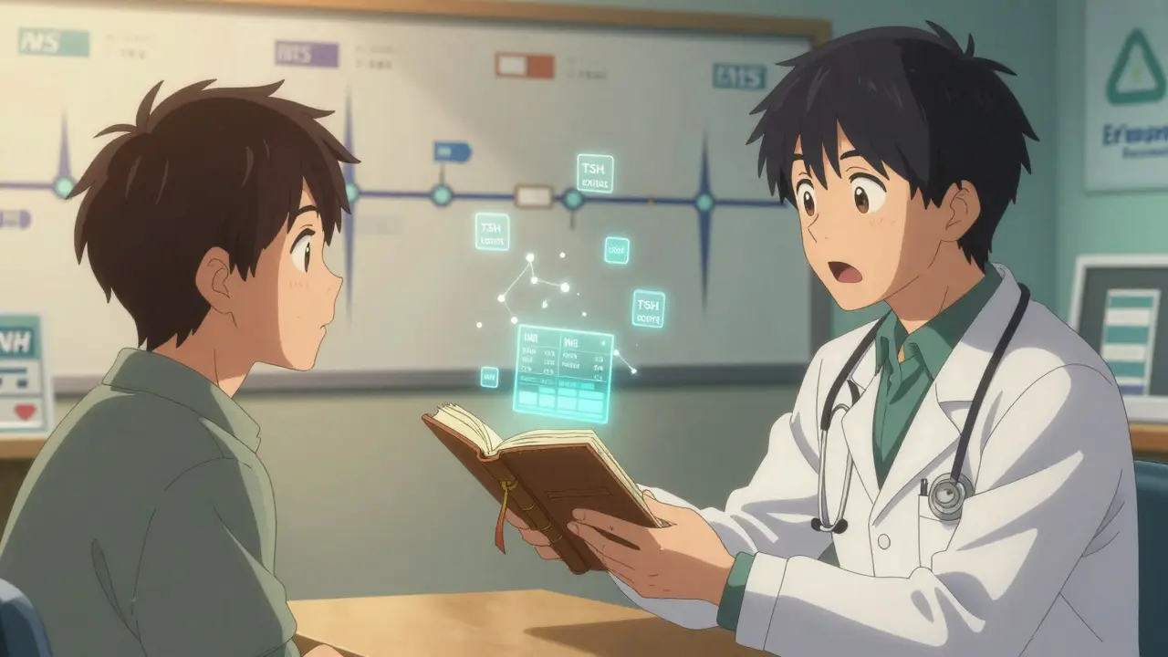 Doctor and patient in clinic, patient handing over a journal with floating health data visuals.