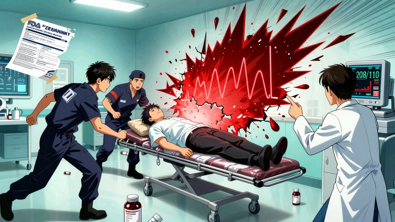 Emergency room staff rush a patient as his blood pressure graph explodes into a red spike on the wall.