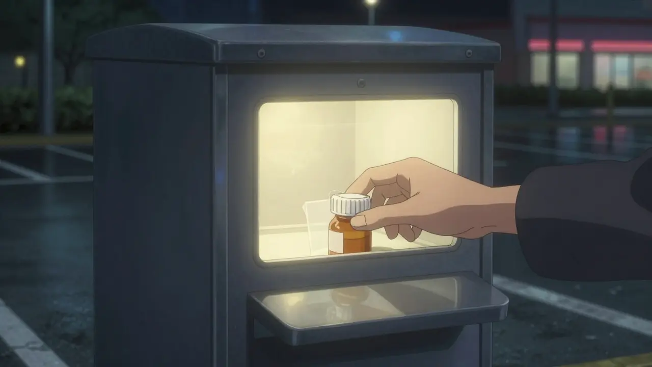 Hand dropping a pill bottle into a secure pharmacy take-back drop box at night.