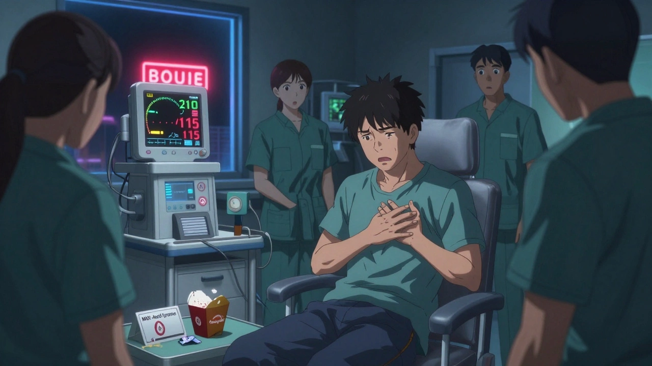 Patient in ER with spiked blood pressure monitor, discarded teriyaki container and MAOI alert card on floor.