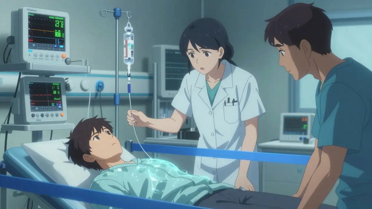 Patient receiving diluted insulin during medical desensitization, doctors monitoring glucose monitors, neon safety barriers.