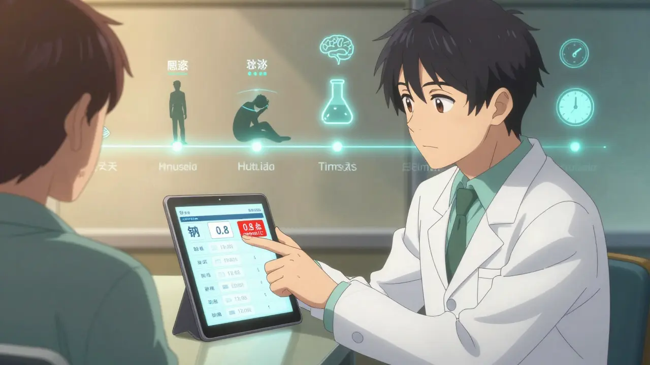 Pharmacist alerts patient to dangerous sodium drop on digital health record with symptom timeline.