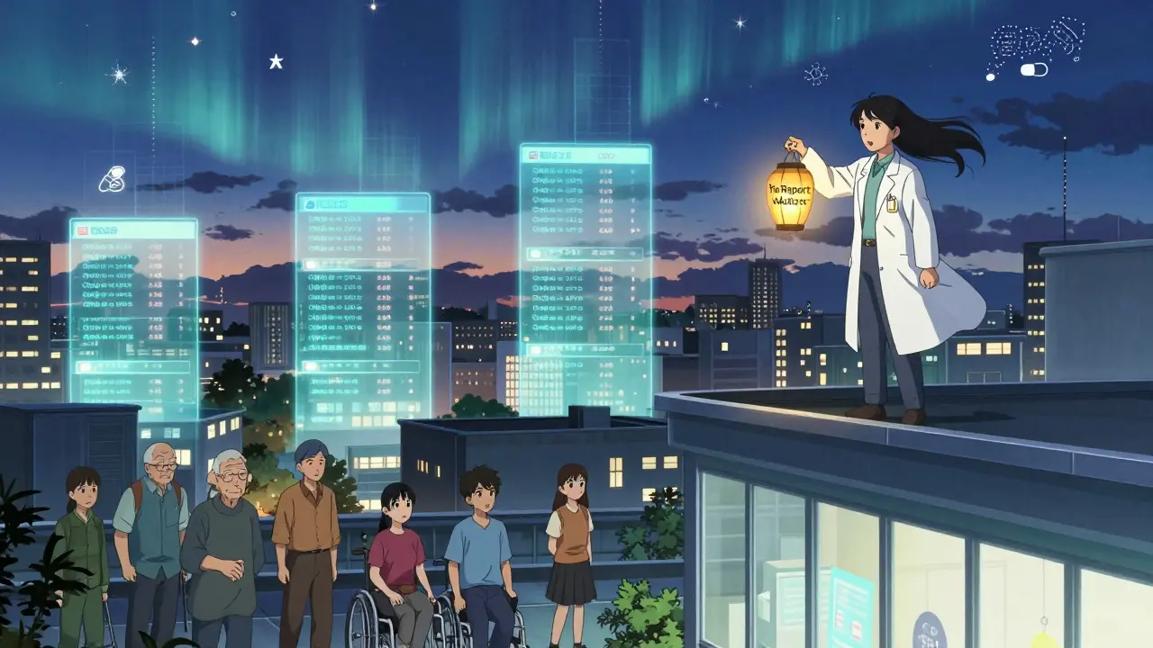 Pharmacist atop a pharmacy holding a lantern as data streams of safety reports rise into the night sky.