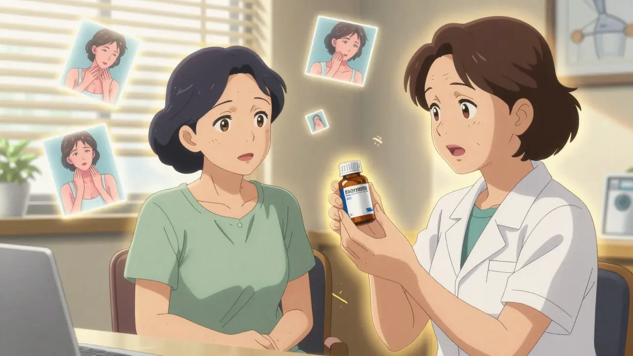 Pharmacist reassuring patient during generic medication switch with glowing memories.