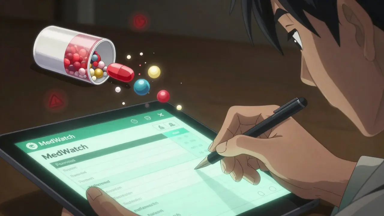 Pharmacist submitting an adverse event report on a tablet, with hidden pill excipients glowing in the background.