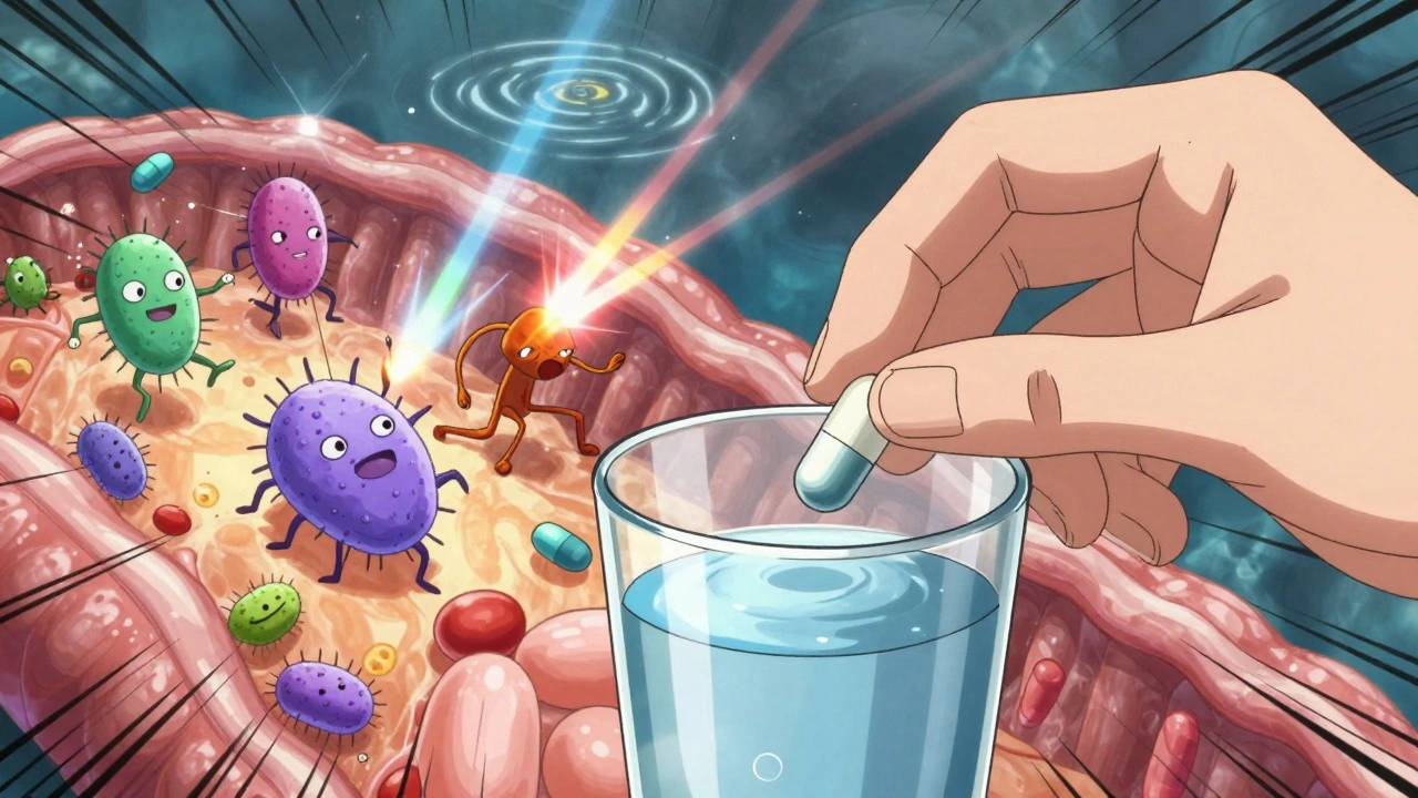 Probiotic capsule dropping into water as microbes dodge antibiotic particles in intestinal tract.