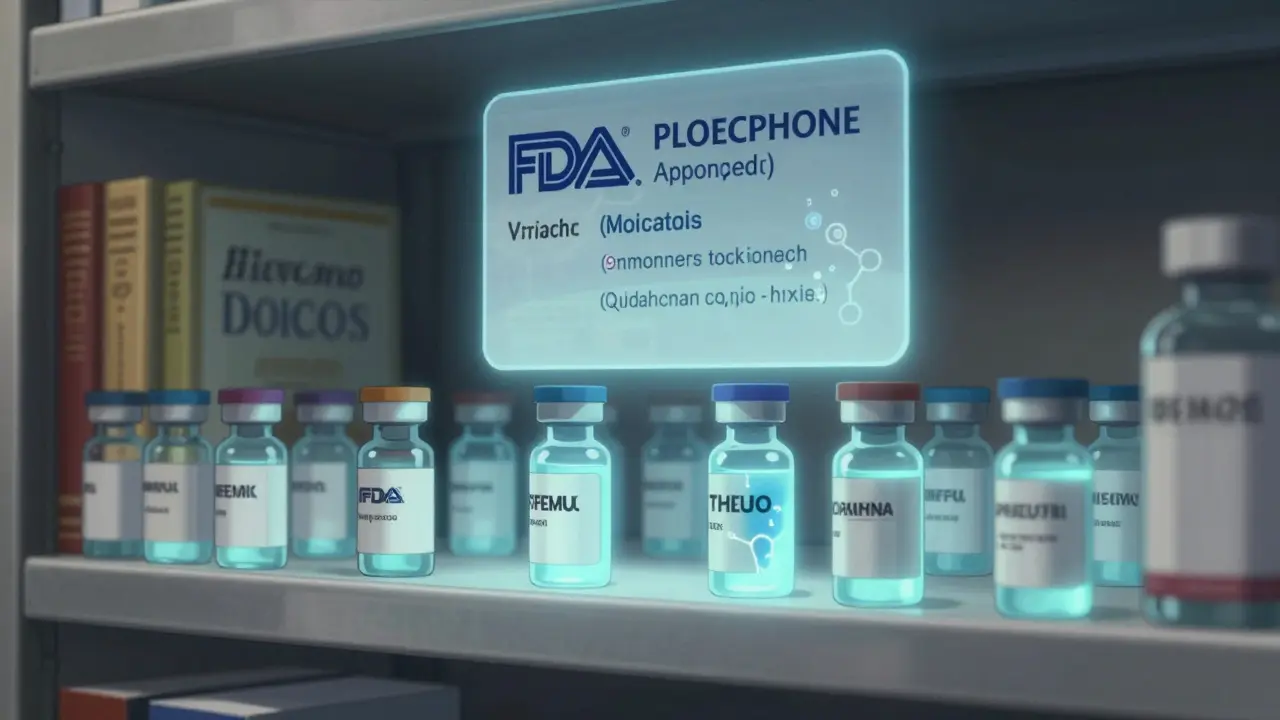 Refrigerated specialty drug vials with glowing biosimilar labels in a pharmacy shelf.