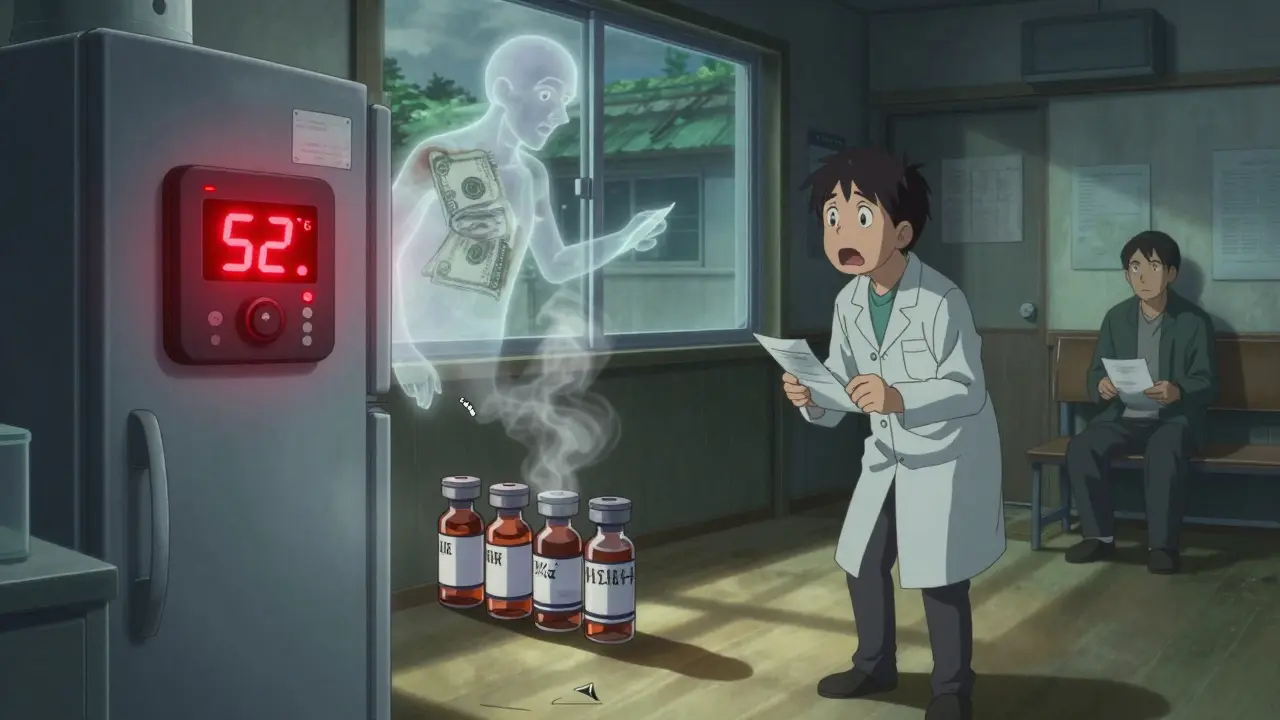 Refrigerator alarm flashing red beside insulin vials, pharmacist shocked, wasted dollars floating above.