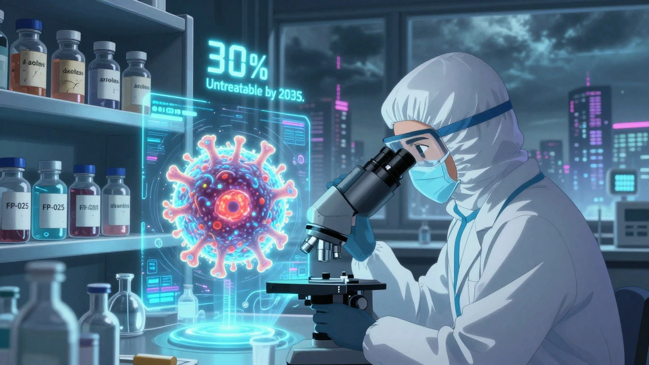 Scientist observes drug-resistant Candida auris under a hologram, surrounded by experimental antifungals and a countdown to untreatable infections.