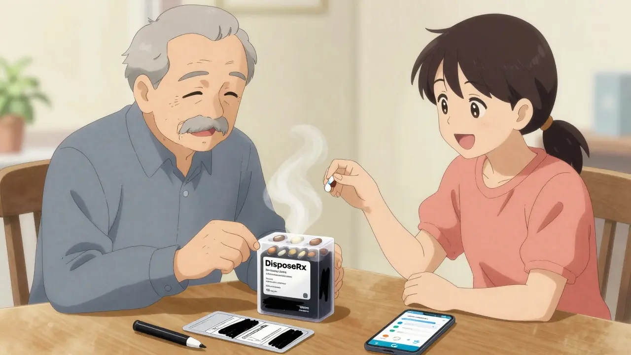 Senior and family member safely disposing medication using a neutralizing pouch.