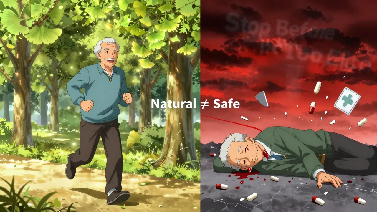 Split image: healthy man jogging vs. same man bleeding out, with Ginkgo supplements shattered around him.