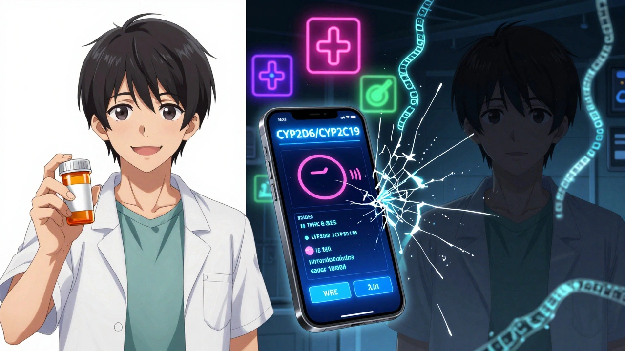 Split image: person smiling with pill bottle on one side, dark version with genetic code cracking and phone alerts on the other.
