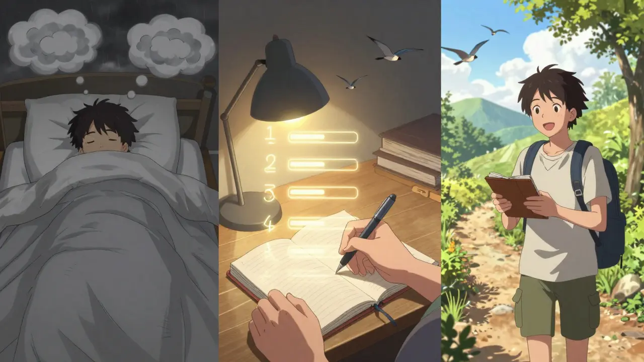 Split image showing a person’s transformation from isolation to growth through CBT practices like journaling and exposure.