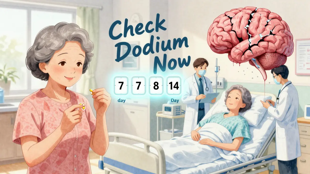 Split image: woman taking pills vs. hospitalized with cracked brain graphic and countdown clock.