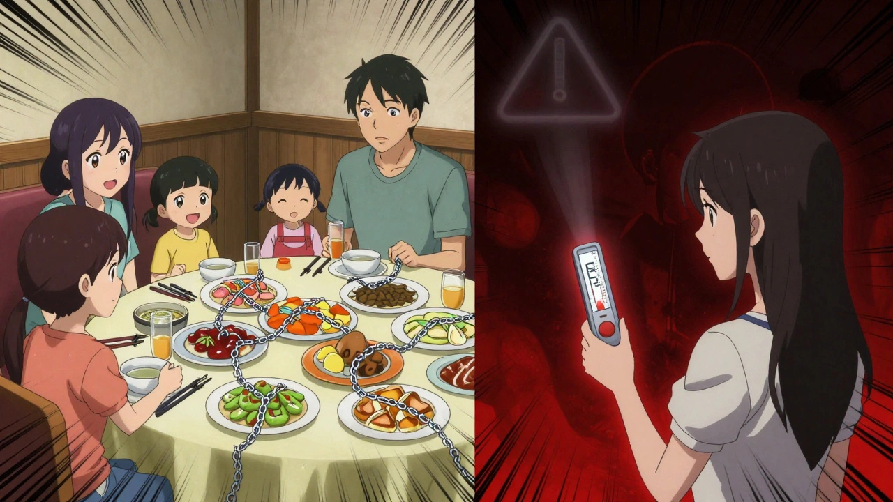 Split scene: cheerful restaurant meal vs. hidden tyramine threats, with fridge thermometer showing unsafe temperature.