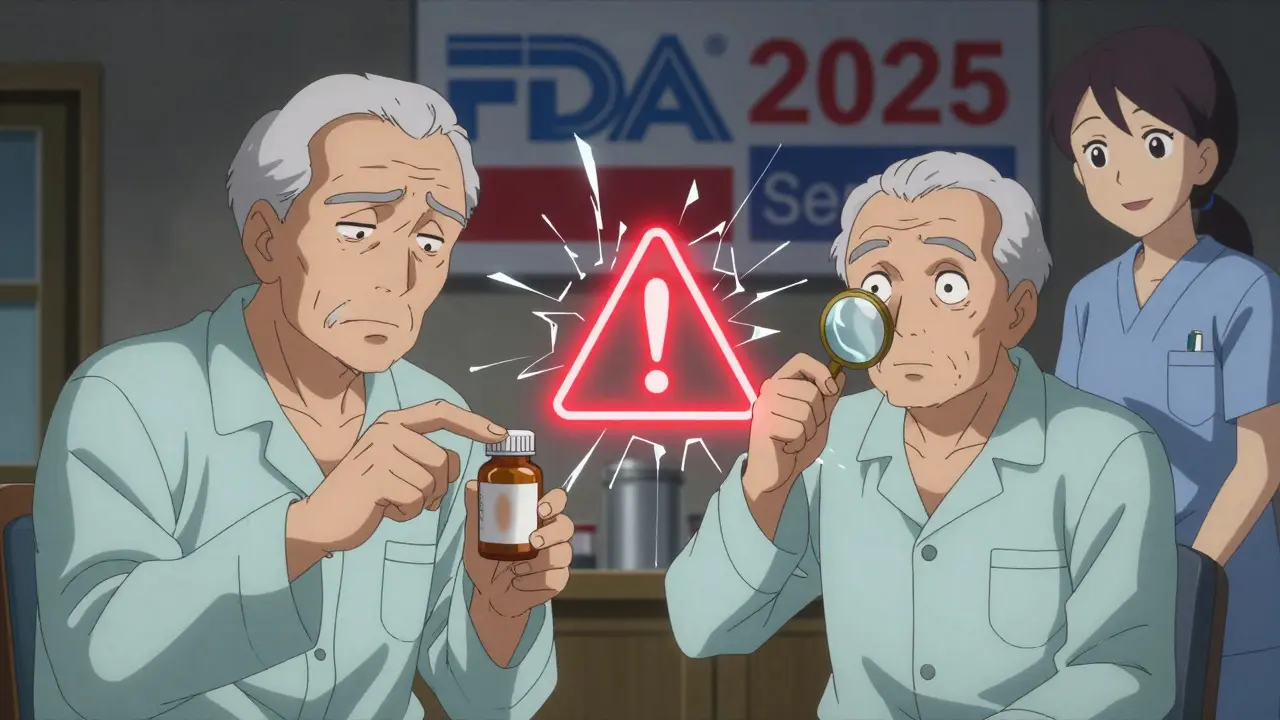 Split scene: confused man reaching for pill vs. same man safely checking label with magnifier and caregiver nearby.
