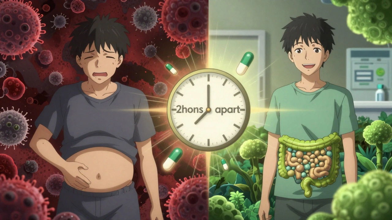 Split scene: distressed person with bloated stomach vs. calm person with healthy gut flora.