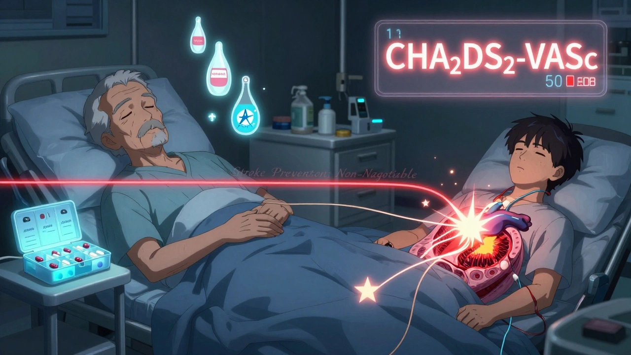 Split scene: elderly patient with blood thinner pills and young patient undergoing ablation, both protected by stroke prevention symbols.