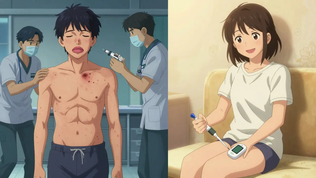 Split scene: person having anaphylaxis on left, same person safely injecting insulin with CGM on right, symbolizing recovery.