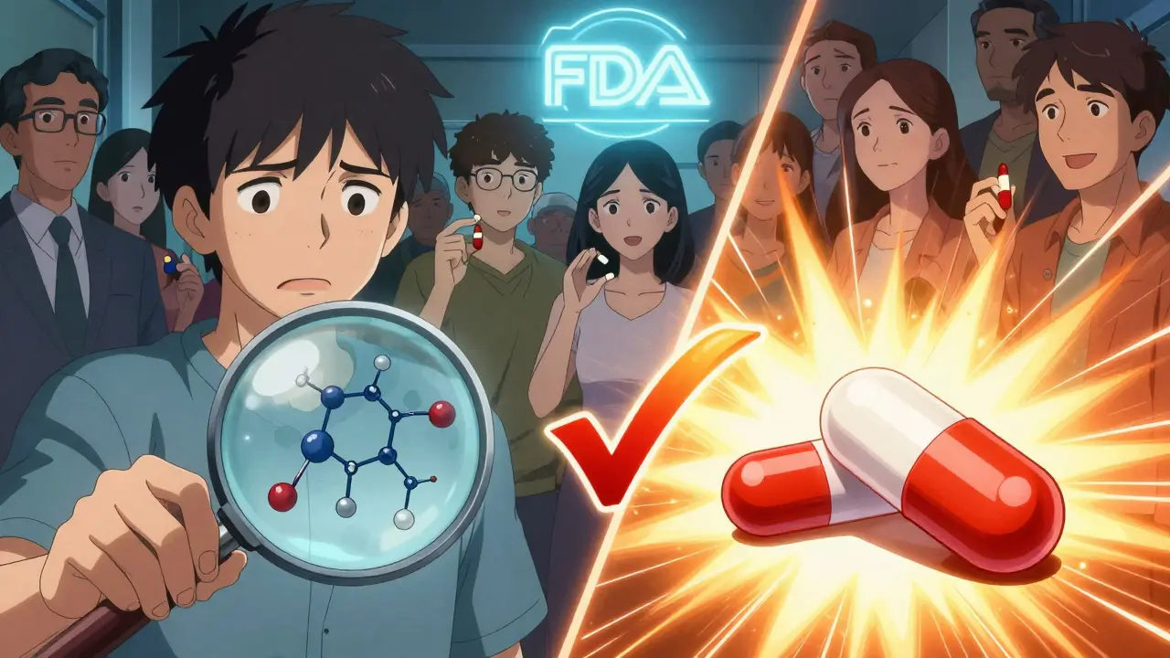 Split scene showing branded and generic pills with identical chemical structures, a radiant checkmark between them.