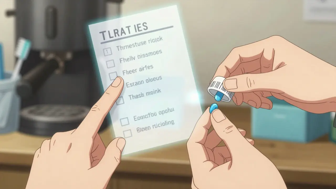 Three hands perform the Three-Touch Method on a pill bottle, with a floating checklist of safety elements behind them.