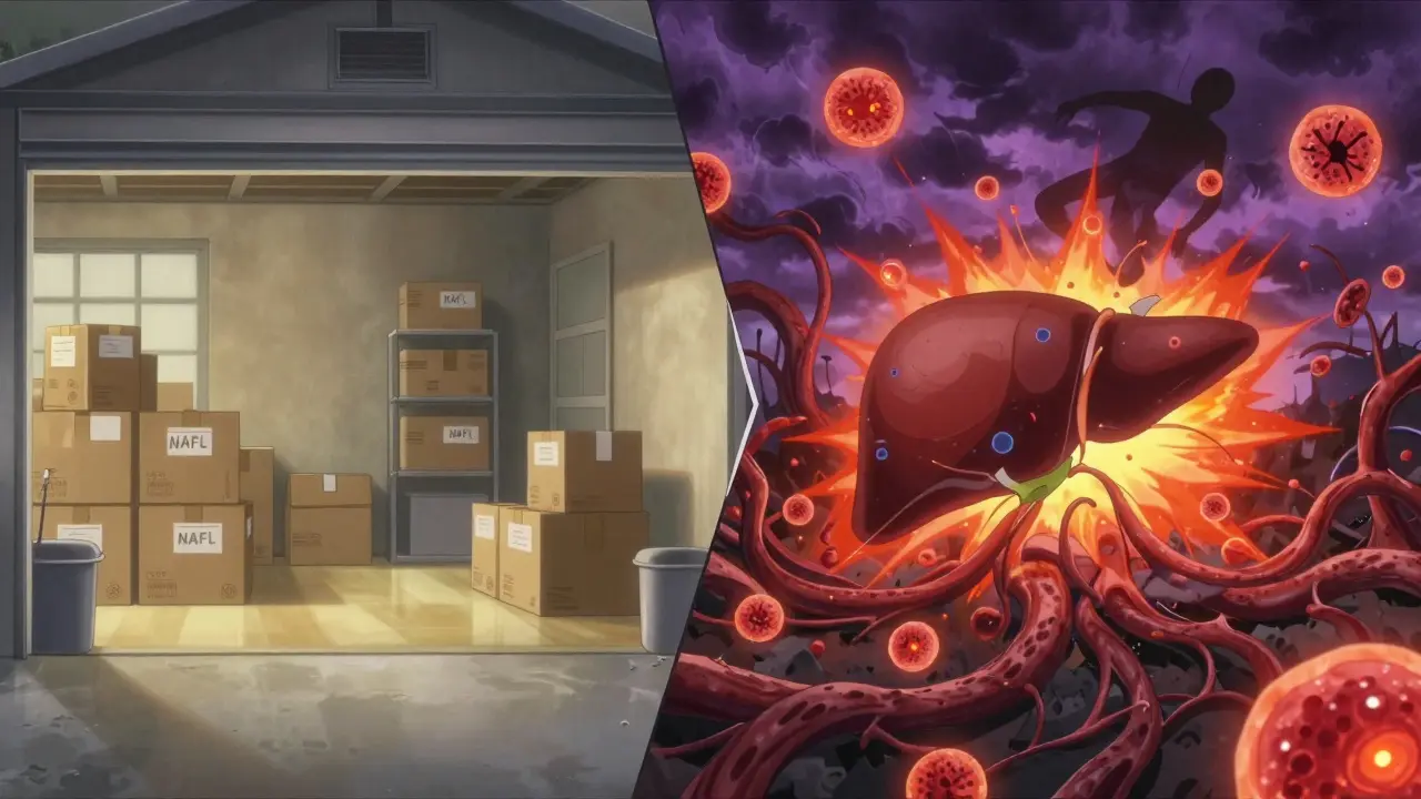 Two contrasting paths: peaceful NAFL garage vs. chaotic NASH battlefield with fibrosis tendrils.