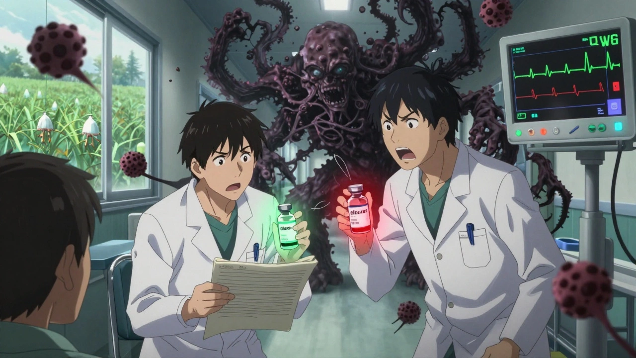 Two doctors debate antifungal choices as fungal spores form a monstrous shape, with an ECG monitor and crop fields in the background.