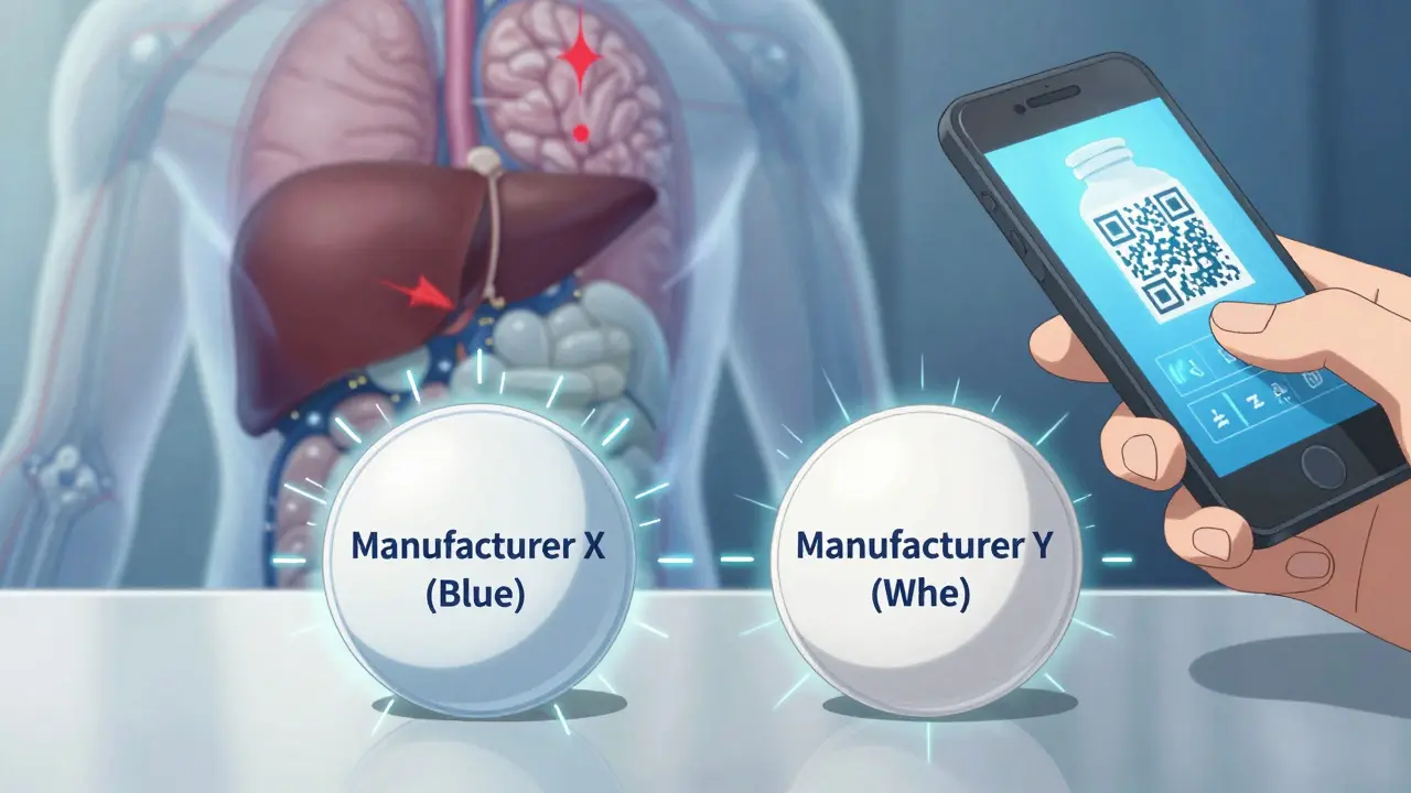 Two identical pills with glowing absorption effects and a QR code scanning bioequivalence data.