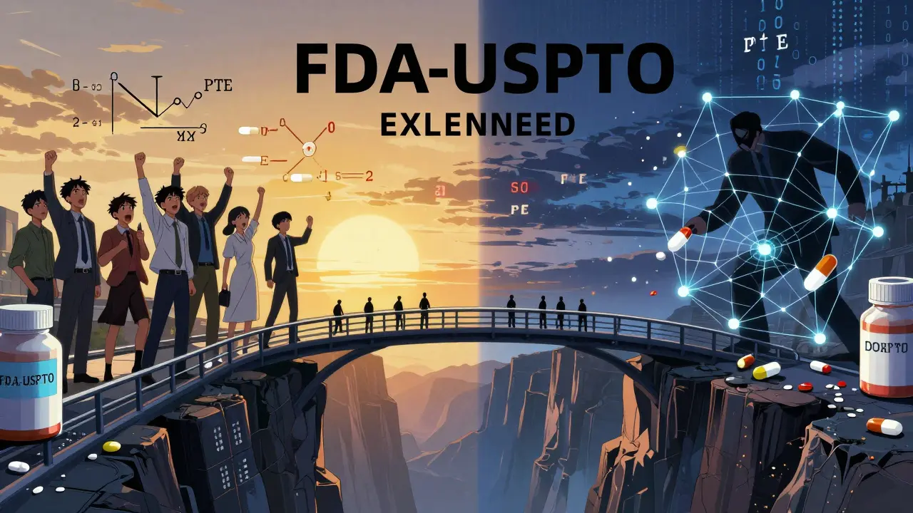 A bridge connects innovators and corporate entities amid rising drug prices and expanding patent networks.