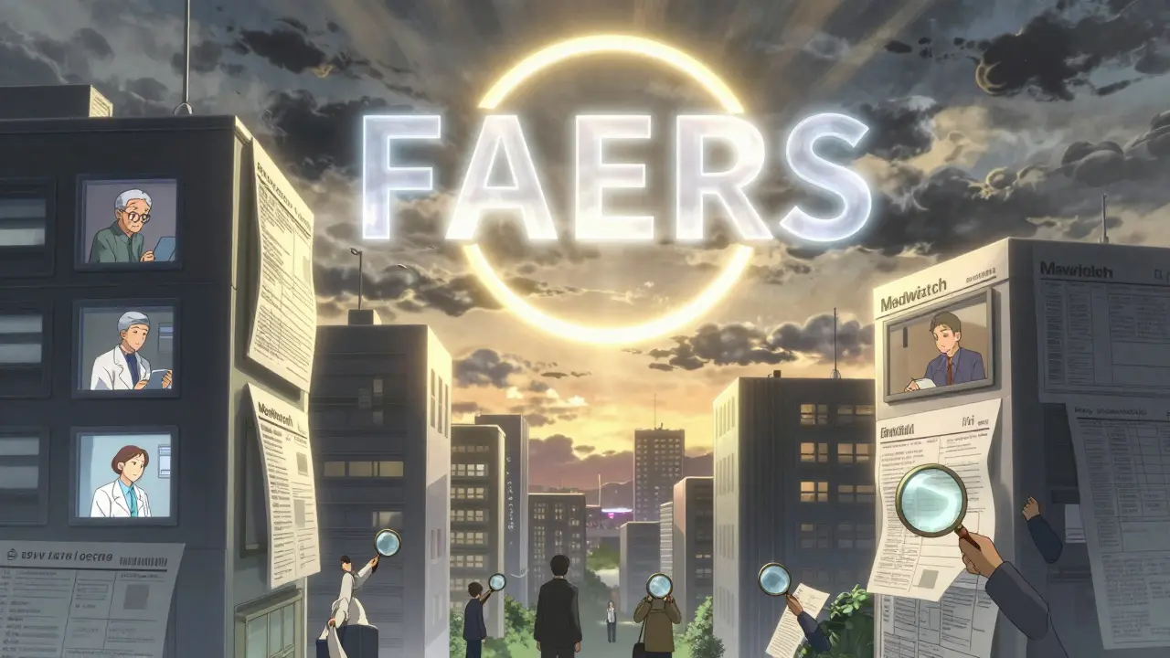A city made of patient reports glows under a giant FAERS logo, symbolizing transparency in drug safety monitoring.