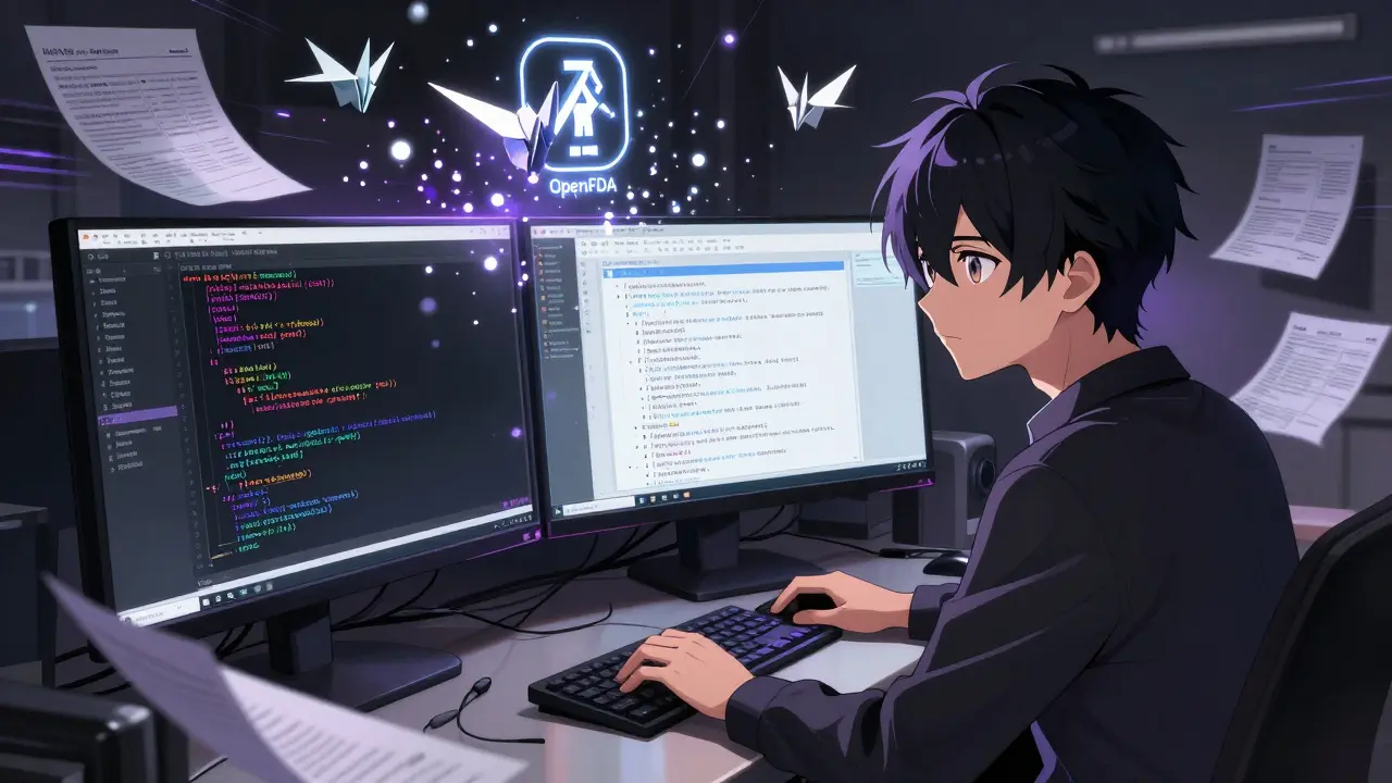 A data scientist works with FAERS data on dual monitors, surrounded by floating printed reports dissolving into code.