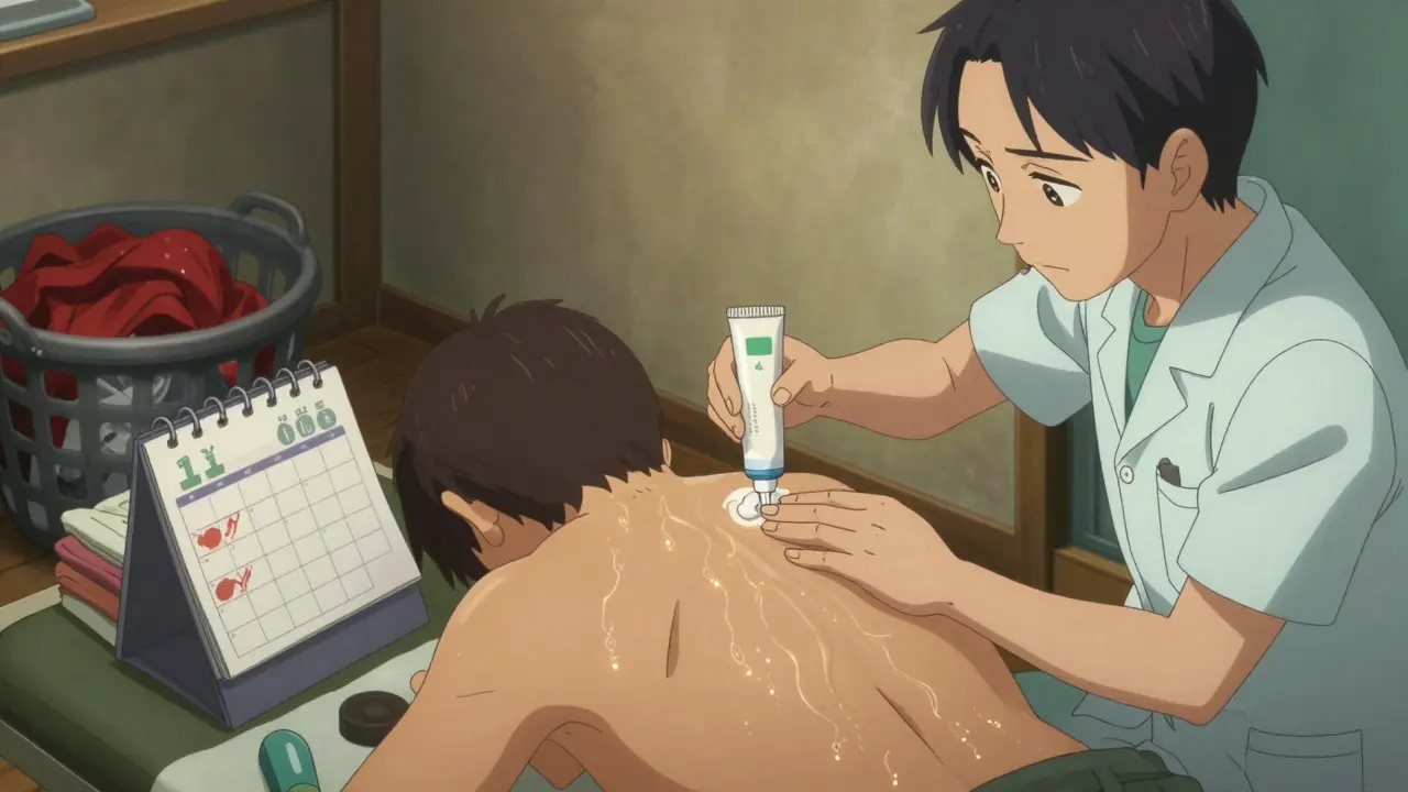 A healthcare worker applying scabies cream to a patient's back, family and laundry in background.