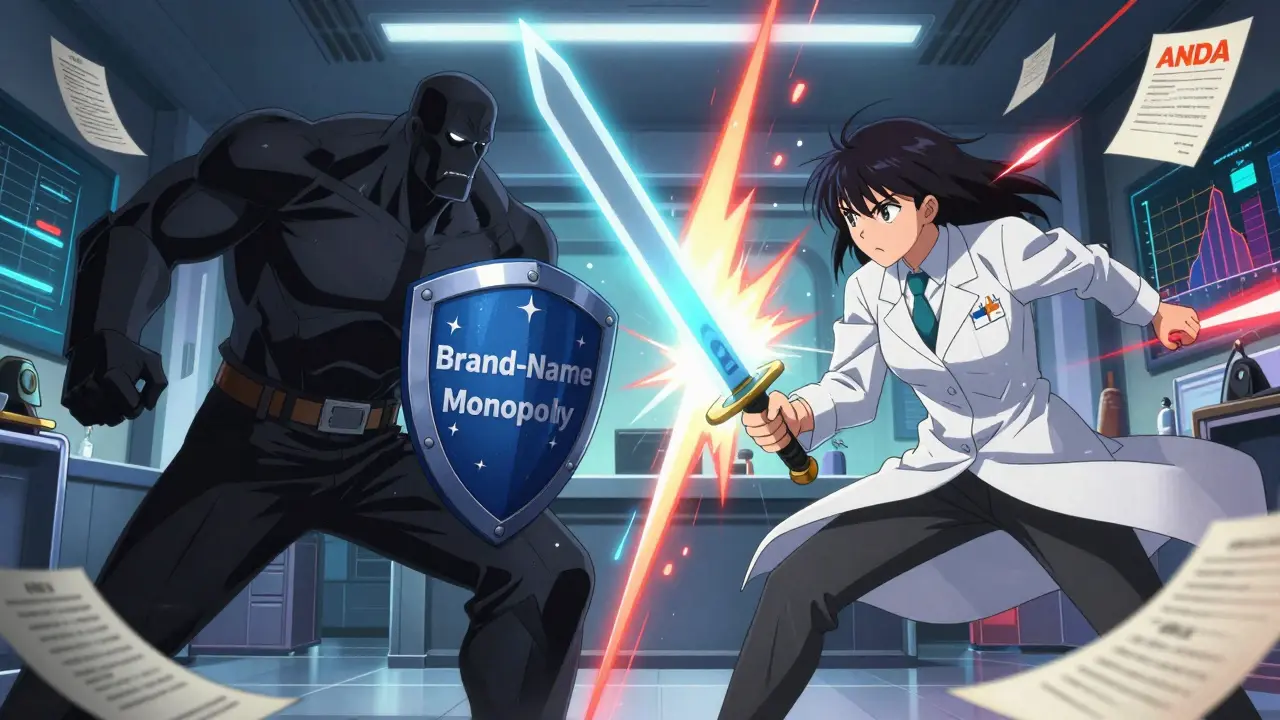 A heroic pharmacist battles a corporate titan in an FDA courtroom with floating Orange Book pages and bioequivalence graphs.