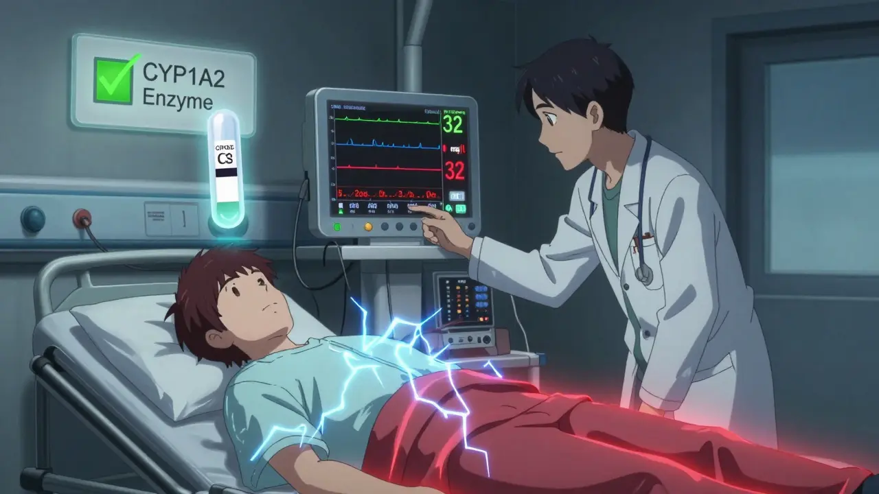 A hospital scene with a monitor showing dangerously high theophylline levels and a patient having seizures.