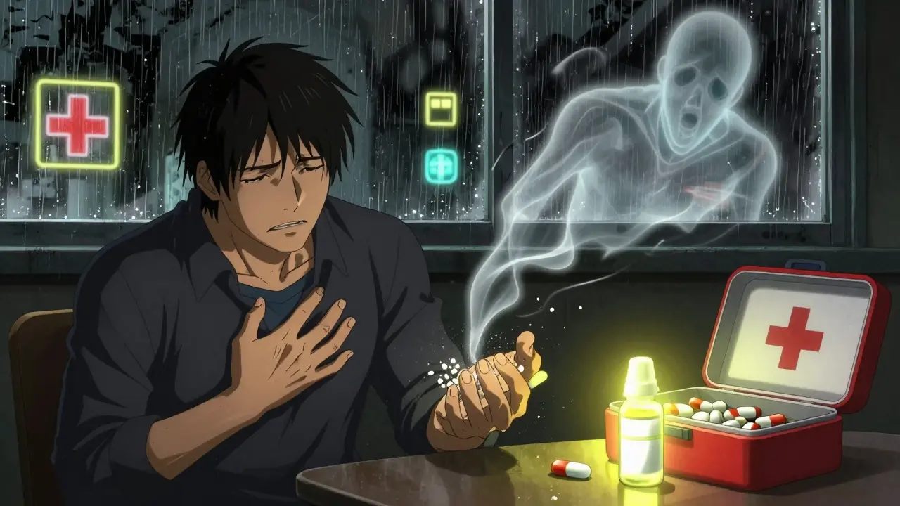 A man watching expired nitroglycerin crumble to dust during a heart attack emergency.