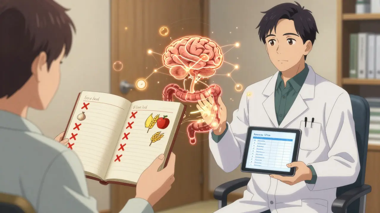 A patient reviewing a food journal with a doctor, as a neural network connects brain and gut in a medical office.