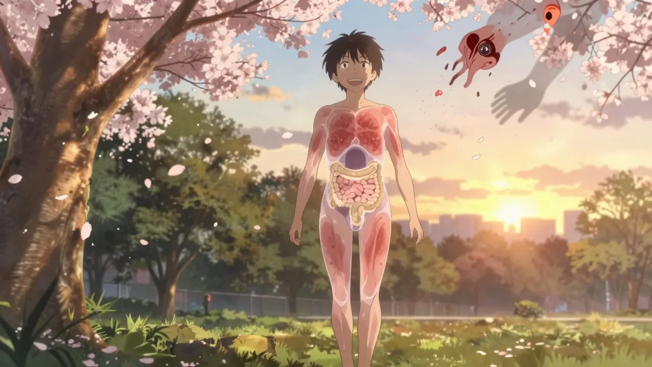 A person walking peacefully in a park, with a glowing healthy gut visible beneath their skin as negative emotions fade away.