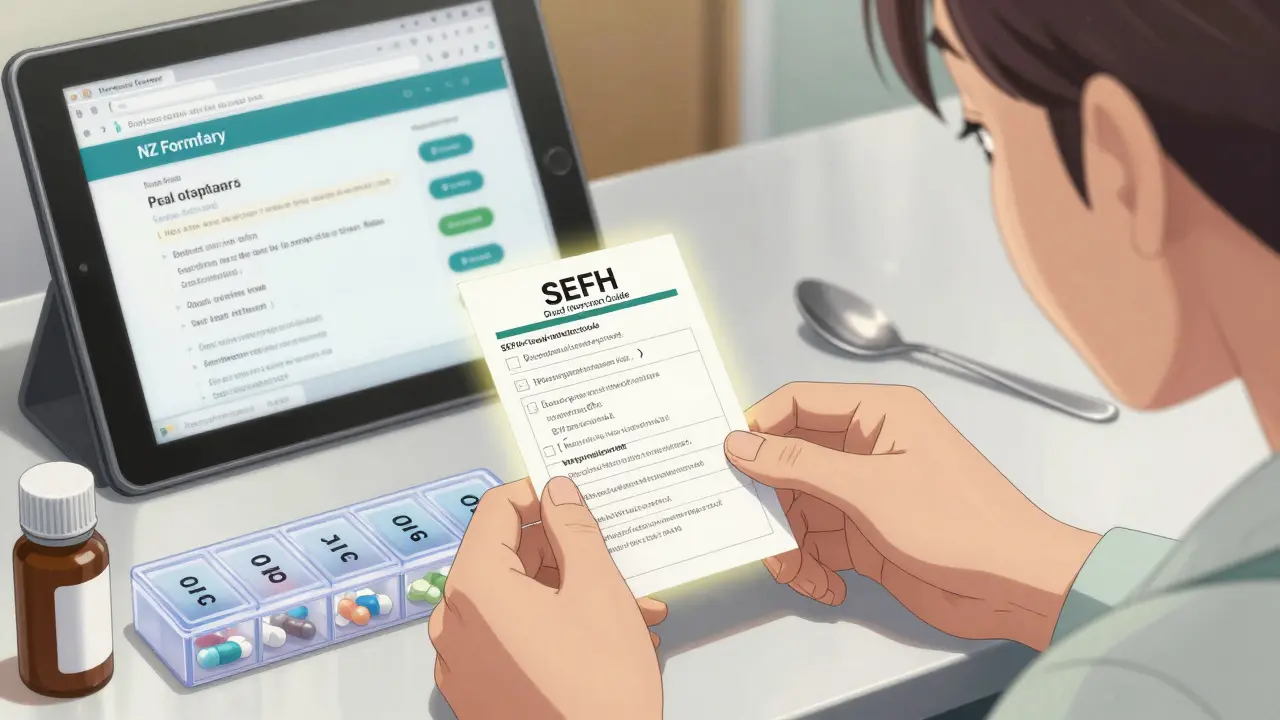 A pharmacist hands a patient a laminated food-drug interaction guide beside a pill organizer.