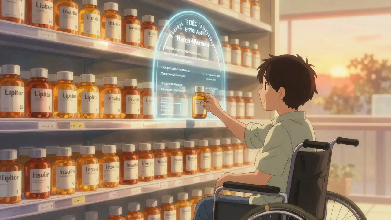 A pharmacy shelf at sunset with affordable generic pills glowing softly, a patient reaching for medicine under a legal arch.