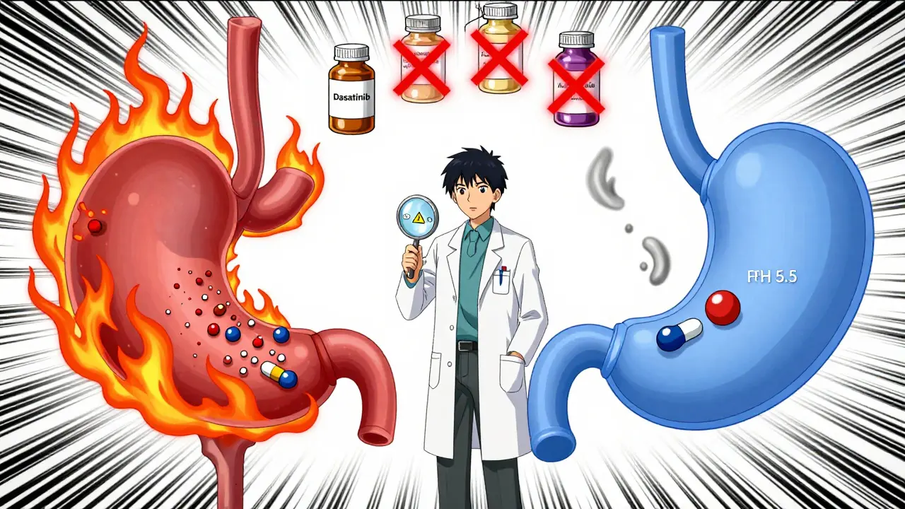 A split-panel medical scene showing acidic vs. neutral stomach environments affecting drug dissolution.