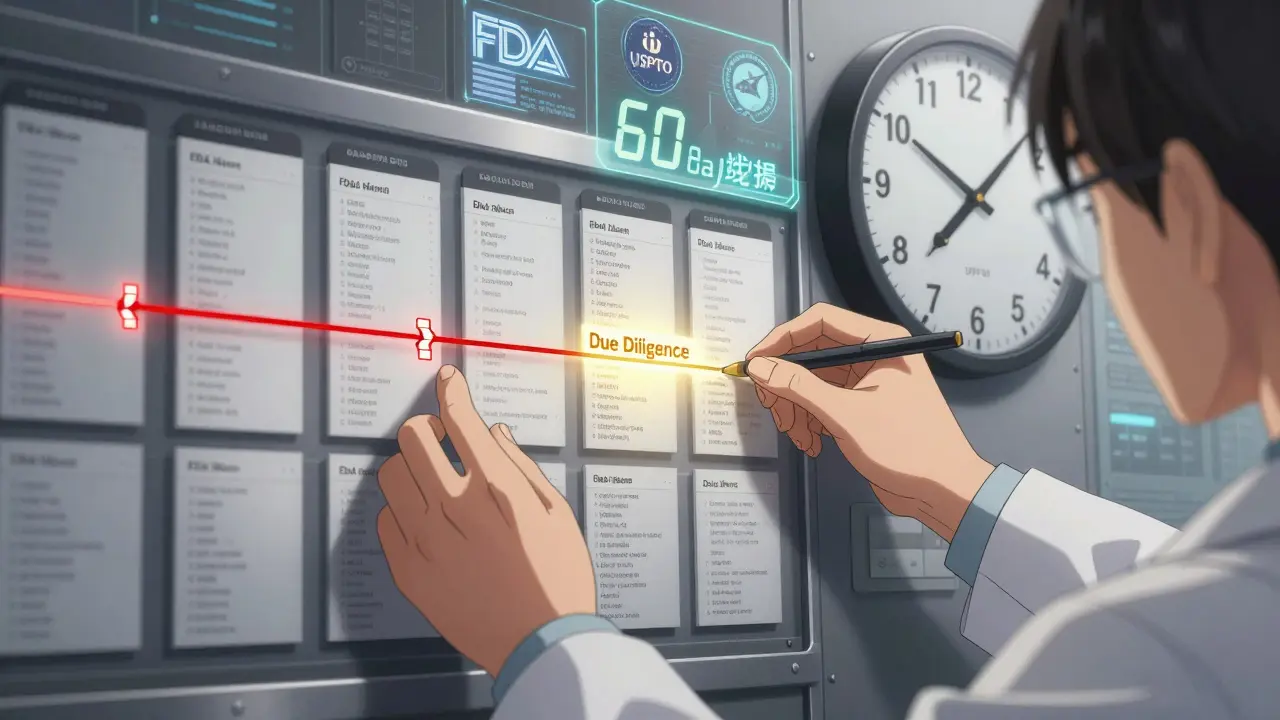 Close-up of hands organizing digital timelines and logs for FDA review, with a glowing due diligence thread.