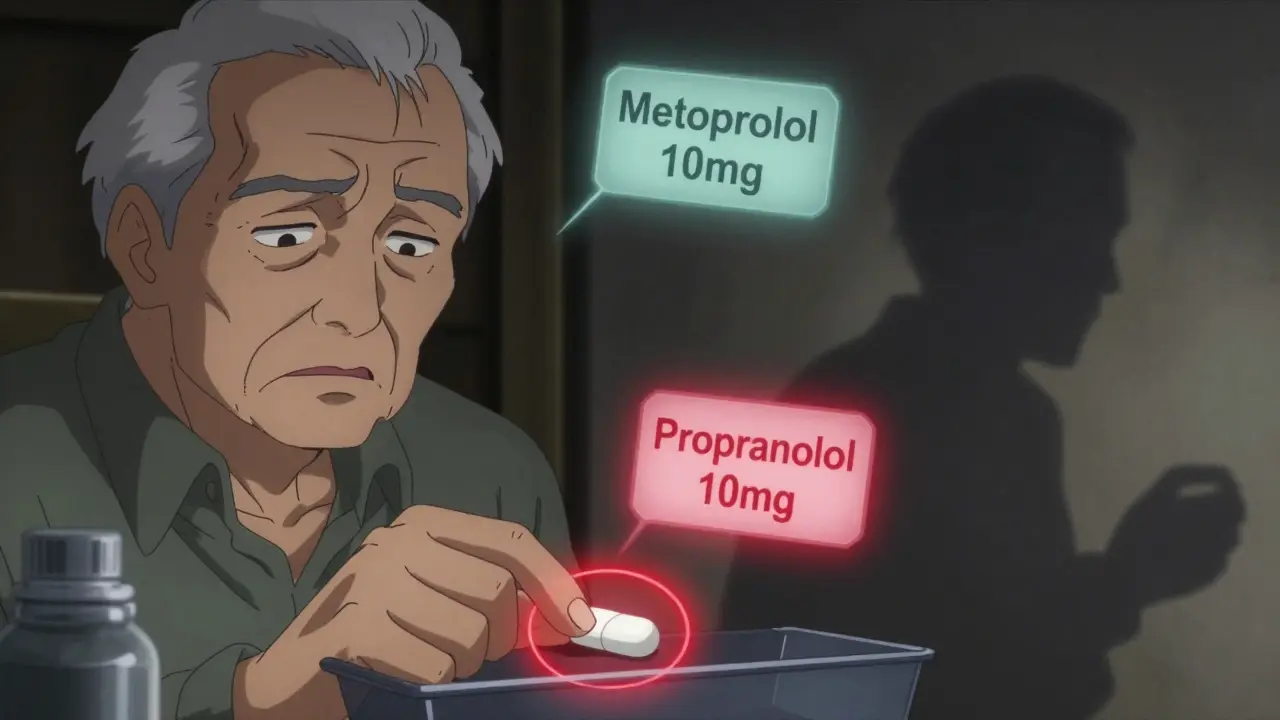 Confused man hesitating between two similar-looking pills with glowing warning signs above them.