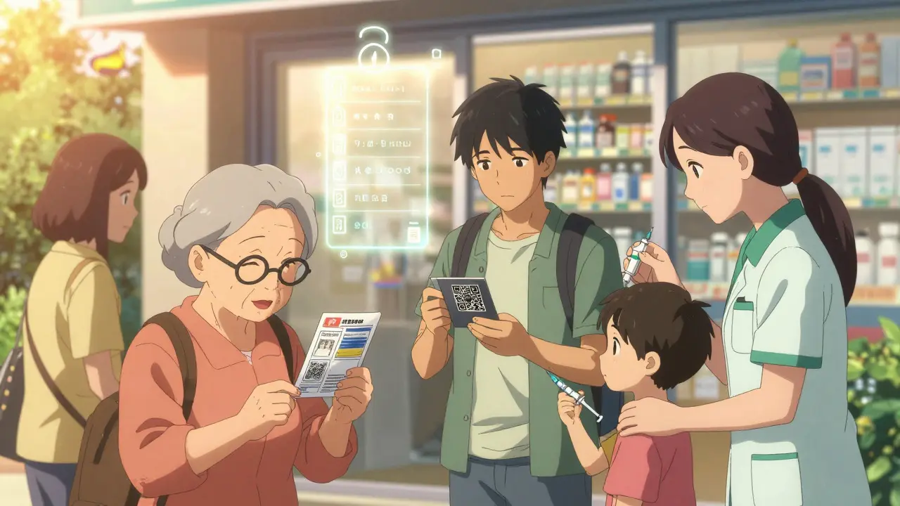 Diverse group outside pharmacy using tools to verify medication — magnifying card, QR code, syringe.